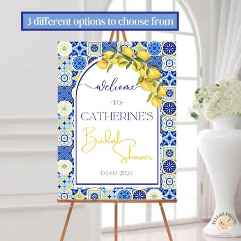 💙🍋 This PRINTABLE and EDITABLE bridal shower welcome sign features beautiful Positano blue tiles with lemons for a pop of color! It is perfect if you're looking for that Mediterranean/Italian party vibe!! This includes 3 different design options you can choose from!💙🍋 Head over to @FullahPrints on Etsy to see more! Italian Bridal Showers, Shower Foam, Mediterranean Blue, Bridal Shower Welcome Sign, Shower Welcome Sign, Welcome Poster, Bridal Shower Signs, Shower Sign, Baby Shower Welcome Sign