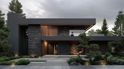 Dark Modern House, Industrial House Exterior, Sloping Lot House Plan, Modern Mountain House, Contemporary House Exterior, Residential Building Design, Dream Life House, Building House Plans Designs, House Design Pictures