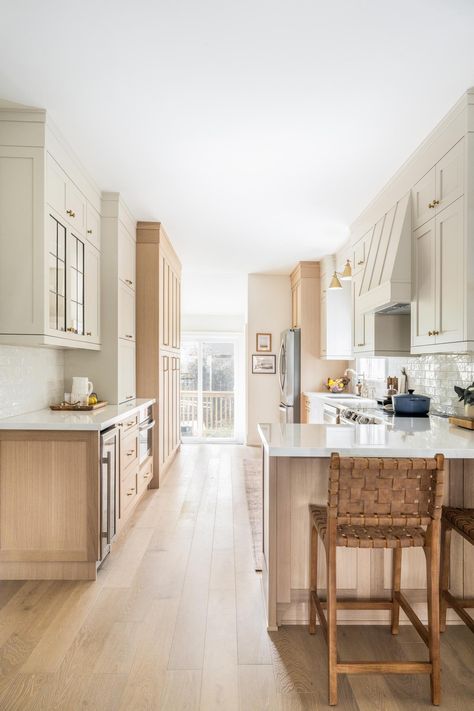 Extra Wide Galley Kitchen, Two Tone Coastal Kitchen Cabinets, White Shaker Galley Kitchen, White Kitchen Cabinets Galley, White And Wood Galley Kitchen, Narrow Space Kitchen Ideas, Beautiful Galley Kitchen Ideas, Scandinavian Galley Kitchen Design, Wide Galley Kitchen Ideas