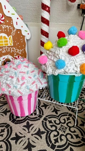 K a r e n G o v e r n a l e on Instagram: "🧁🎄 DIY Christmas delight! Created these adorable cupcake props using dollar store finds and spray foam magic! 🌟🎁 Who knew inexpensive items could turn into such cuteness? 😊✨ #DIYChristmasDecor #BudgetFriendlyCrafts #HolidayCreativity #DollarStoreDIY #candylandtheme #pinkchristmasdecor #diycupcakes #candychristmasdecor #christmasdecor #christmasmagic #candyland #candychristmas #christmas #cupcakediy #cupcakedecor #sweet #gingerbreadhouses #candylandparty #candychristmasdiy #gingerbreadhouse #candy #christmasdecorations #handmadechristmas #candyshop #pinkchristmas #gingerbreadhousedecorating #handmade #cupcakes #christmasdecorater #xmaswonderland" Giant Candy Garland Diy, Spray Foam Cupcakes, Diy Gumdrop Lights, Candyland Christmas Ideas, Candy Land Pumpkin Decorating, Candy Land Christmas Float, Giant Christmas Candy Decorations, Diy Outdoor Christmas Candy Decorations, Diy Cupcake Decorations