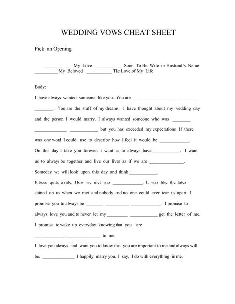 Having trouble writing your wedding vows? The wedding vow cheat sheet can help. It is one page digital printable that makes writing wedding vows easier. The wedding vows are all laid out in one page.  It is up to you to add a personal touch. Simply fill in the blanks and watch yourself finally complete your wedding vows. This is a downloadable digital file. Wedding Vows Template, Writing Wedding Vows, Romantic Wedding Vows, Vow Examples, Wedding Vows Examples, Wedding Vows To Husband, Wedding Vow, Future Wedding Plans, Dream Wedding Ideas Dresses