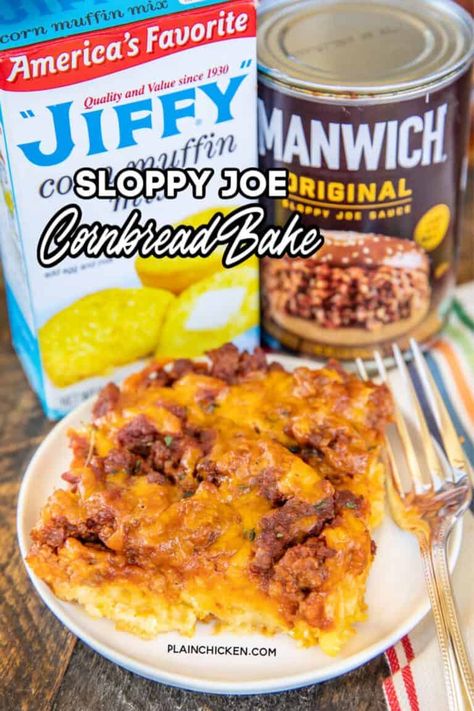 Sloppy Joe Cornbread Bake - Plain Chicken Finger Foods Appetizer Recipes Easy, Frugal Ground Beef Recipes, Ground Beef Comfort Food Recipes, Ground Beef Recipes For Dinner Easy Fast, Polish Hamburgers, Best Sweet Cornbread, Sloppy Joe Cornbread, Cornbread Bake, Ez Recipes