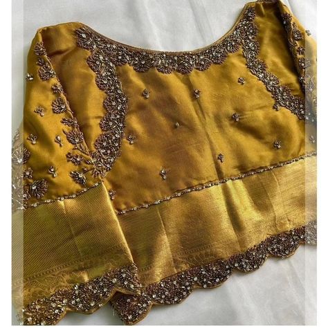 Dm@96404 90158 Designer zardosi maggam work blouse Fabric: Halfpattu /Rawsilk Dispatch: 3days Price 3500unstiched 4050stitched Colours and sizes can be customised accordingly Gold Blouse Maggam Work, Gold Blouse Designs, Green Blouse Designs, Saree Jacket Designs, Blouse Maggam Work, Saree Jackets, Maggam Work Blouse, Maggam Work Designs, Maggam Work Blouses