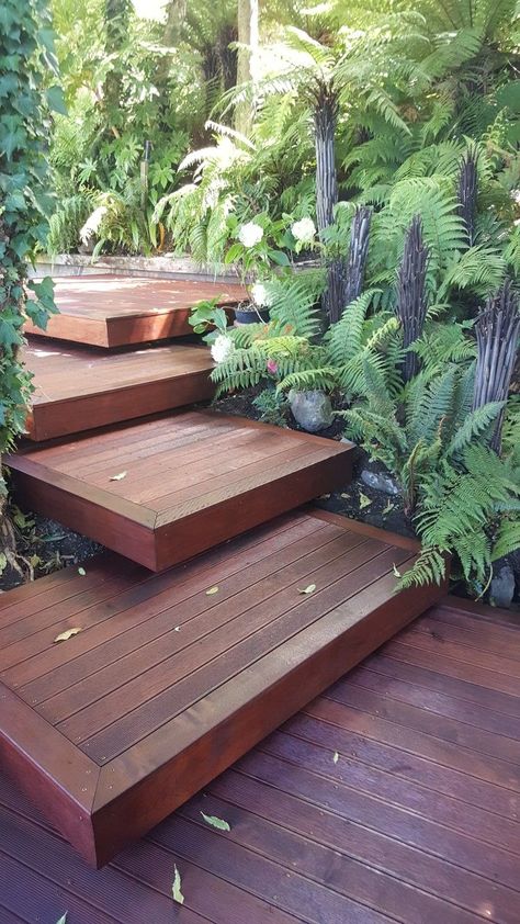 Stair Garden, Landscape Stairs, Landscape Steps, Sloped Backyard, Stairs Ideas, Garden Stairs, Ipe Wood, Lakeside Living, Deck Designs Backyard