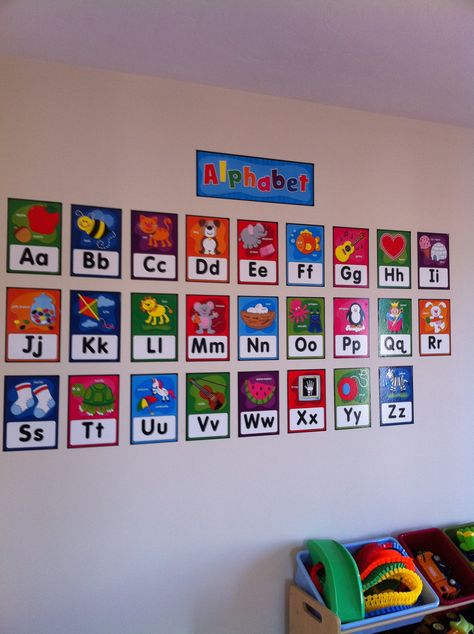 Alphabet wall mural Calander Chart For Preschool, Class Decoration Kindergarden, Alphabet Wall Preschool, Playgroup Ideas Classroom, Alphabet Hanging In Classroom, Classroom Abc Wall, Abc Classroom Decoration, Diy Alphabet Letters For Wall, Alphabet Display Preschool