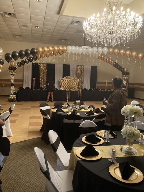 Black And Gold 50 Wedding Anniversary Party Decorations, Black And Gold Sweet 16 Centerpieces, Prom Decorations Black And Gold, Basic Party Decorations, Black And Gold Paris Theme Party, Black And Gold Formal Party Decorations, Black Gold And Cream Party Decorations, Black And Gold Banquet Decorations, Masquerade Party Decorations Elegant