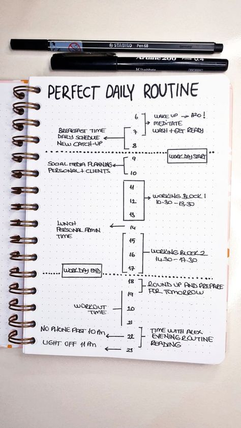 Bujo Daily Schedule, Bujo Routine Spread, Journaling Schedule Ideas, Bujo Daily Routine, Daily Bujo Layout, Daily Routine Bullet Journal, Scedules Ideas Aesthetic, Routine Bujo, Ideal Daily Routine