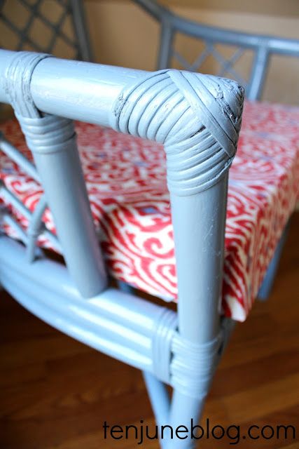 Ten June: Bamboo Chair Makeover Tutorial {How I Decorate With Duct Tape} Painted Bamboo Dining Chairs, Painting Bamboo Furniture, Blue Rattan Chair, Painted Bamboo Chairs, Painted Rattan Chairs, Native Furniture, Rattan Chair Makeover, Bamboo Table And Chairs, Bamboo Chair Makeover