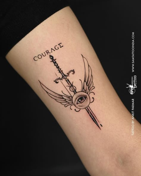 Embrace the strength within, wear courage as ink. 💪✨ #InkPower . . Tattoo by @inkcredible_samtattooindia . 📍 Malad / Charniroad Powered by @xtremetattooink @kwadron @kingstattoosupply #samtattooindia #couragetattoo #strength #tattoolover #tattooinspiration #creativetattoos #tattoos #everysinglestrokematters Mens Strength Tattoo, Strength And Honor Tattoo, Courage Tattoo Men, Strength And Courage Tattoos, Courage Tattoo For Women, Tattoo Courage, Christian Tattoos Men, Courage Tattoo, Courage Tattoos