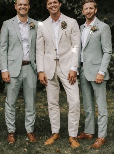 Cream And Sage Wedding Suit, Beige Tuxedo Wedding Groomsmen, Tan Groom With Grey Groomsmen, Brown Suit Sage Green Tie, Beach Wedding Groom Attire Linen Groomsmen Outfits, Men Tux Wedding Groom Outfit, Groom Suits For Wedding Beige, Tan Wedding Suits With Green, Smart Casual Groom Attire