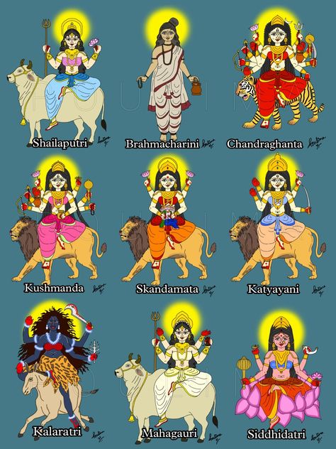 🌼 Nine Divine Forms of Adi-Shakti – Goddess Durga 🌼 Nine Forms Of Goddess Durga, Nari Shakti Poster, Navratri Devi, Navratri Devi Images, Adi Shakti, Devi Images, Bhagwan Ji, Goddess Quotes, Durga Painting