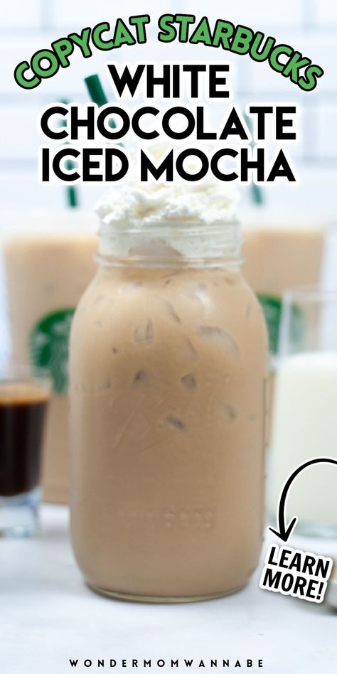 Get your daily fix of caffeine at home with this White Chocolate Iced Mocha Recipe. This chocolatey bliss is perfect for an energy boost during hot afternoons when you need to chill out. Copycat Starbucks recipes are always a nice, inexpensive treat, so click here and treat yourself to a copycat Starbucks drink! How To Make A Starbucks Iced White Chocolate Mocha, Mock Starbucks Drinks, Starbucks White Chocolate Mocha Recipe Iced, Cold Brew Coffee Recipes At Home, Iced Starbucks Drinks Recipes, At Home White Chocolate Mocha, White Chocolate Powder Recipes, Starbucks Iced White Mocha At Home, Ninja Creami Coffee Drinks