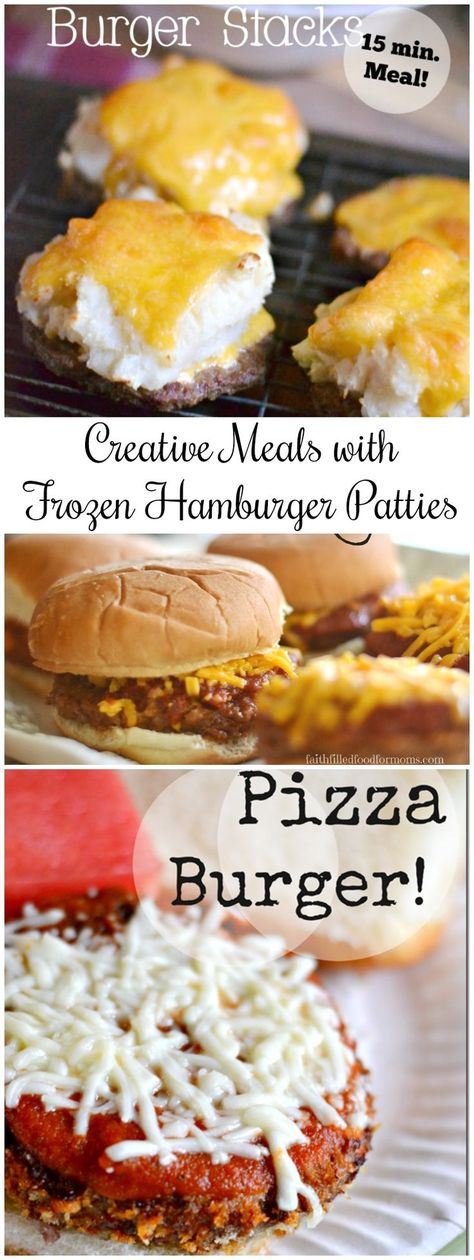 Creative Meals with Hamburger Patties! Ever get tired of the same old hamburgers and wonder what to make with hamburger patties? Well there are lots of yummy meals using frozen hamburger patties that our family eats all the time AND they are so easy! Check out these recipes! #burger #frozen #recipe What To Make With Hamburger, Meals With Hamburger, Frozen Burger Patties, Recipes Using Hamburger, Burger Patty Recipe, Creative Meals, Hamburger Recipes Patty, Food Recipes Vegetarian, Pizza Burgers