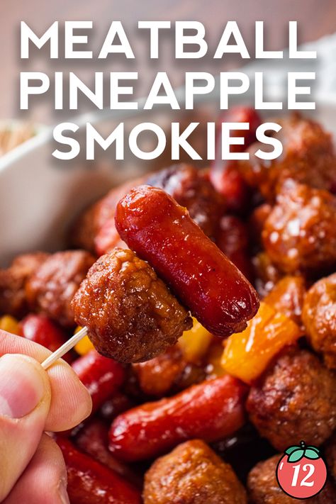 Meatball Pineapple Smokies | 12 Tomatoes Recipes With Lil Smokies, Meatball Pineapple Smokies, Pineapple Smokies, Pineapple Turkey, Lil Smokies Recipes, Meatballs Appetizer, Pineapple Meatballs, Cocktail Weenies, Football Food Appetizers