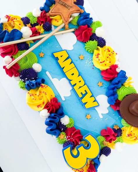 Toy Story sheet cake! Happy third birthday to my youngest nephew, Andrew! Flavor: Funfetti Name and age charms: @happyhourslv #dallasbaker #dfwcakes #birthdaycake #toystoryparty #dallaspartyplanner #dallaseventplanner Toy Story Birthday Sheet Cake, Toy Story Number Cake, Easy Toy Story Cake, Toy Story Sheet Cake, Toy Story 4 Cake, 2nd Birthday Cake Boy, Story Sheet, Full Sheet Cake, Toy Story Birthday Cake