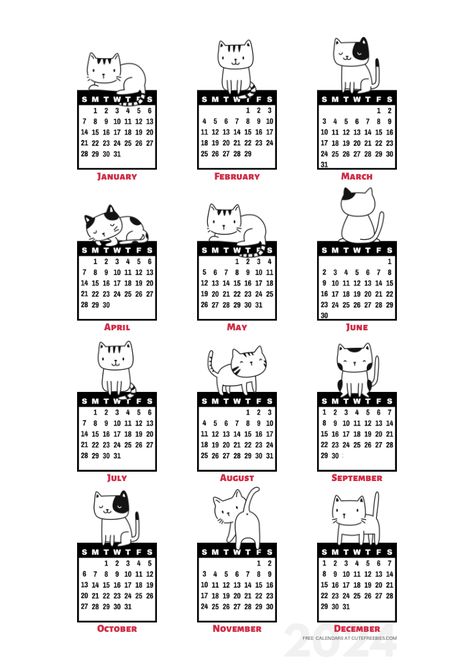 Free Printable Year 2024 Calendar Stickers - Cute Freebies For You Phomemo Printables, 2024 Bullet Journal, Months Calendar, Free Printable Calendar Templates, Future Log, Bullet Journal Setup, Cat Calendar, Bullet Journal Printables, Free Printable Stickers