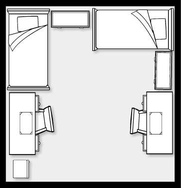 Dorm room layout 14x14 2 Bed In One Room Layout, Small Bedroom Layout For Two Twin Beds, Dorm Layout Floor Plans Double, Big Dorm Room Layout, Shared Bedroom Layout Ideas, Two Beds In One Room Ideas Adults Layout, Small Dorm Room Layout Double, Twin Room Layout, One Room Two Spaces