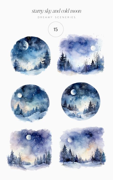 Watercolor Winter Forest Watercolor Night Scenes Winter - Etsy Winter Night Watercolor, Watercolour Night Scene, Watercolor Winter Trees, Winter Forest Watercolor, Winter Watercolor Art, Watercolor Night Scene, Easy Winter Watercolor, Winter Watercolor Cards, Winter Night Illustration