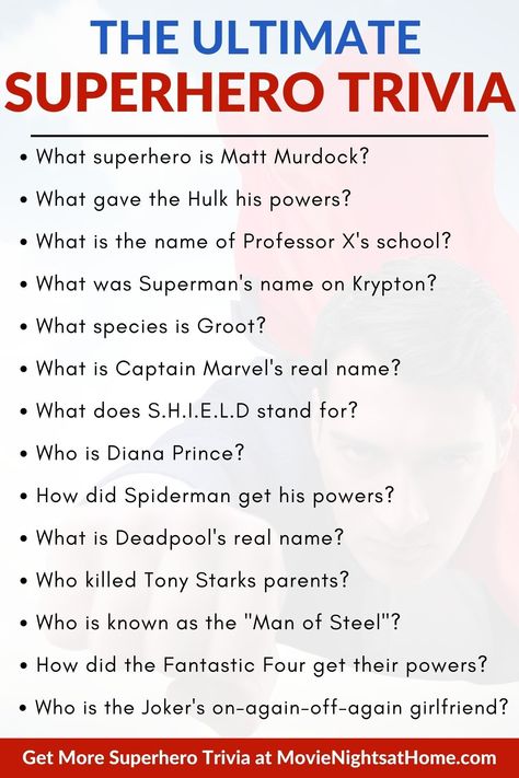 Superhero Trivia Questions and Answers (Marvel & DC) Marvel Trivia Quiz, Superhero Trivia, Marvel Questions, Superman Name, Superhero Template, Marvel Quiz, Summer Movie Night, Movie Trivia Questions, Fun Trivia Questions