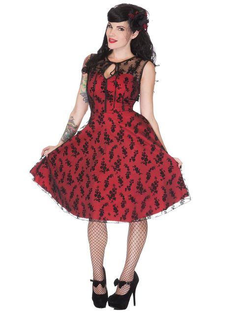 Women's "Floral Flocked" Lace Overlay Flaired Dress by Voodoo Vixen (Red) #Inkedshop #vixen #vintage #dress #lacedress #lace Rockabilly Fashion Women's, 50s Rockabilly Fashion, Rockabilly Looks, Pin Up Outfits, Pin Up Dresses, Red Lace Dress, Rockabilly Dress, Rockabilly Fashion, Floral Lace Dress