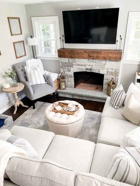 Decorating A Small Living Room, Neutral Modern Farmhouse, Sectional Living Room Layout, Granite Fireplace, Cottage Fireplace, Sofa Layout, Small Living Room Furniture, Small Sectional Sofa, Small Living Room Layout