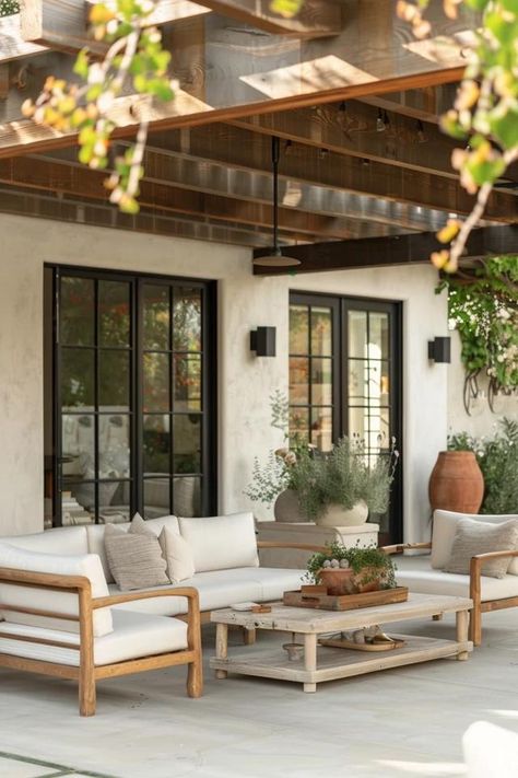 10 Chic Modern Farmhouse Patio Ideas for 2023 Gabled Patio Cover Roof Ideas, Modern Farmhouse Outdoor Living, Modern Farmhouse Patio Ideas, Farmhouse Patio Ideas, Modern Farmhouse Patio, Farmhouse Outdoor Furniture, Backyard Porch Ideas, Modern Farmhouse Backyard, Chic Modern Farmhouse