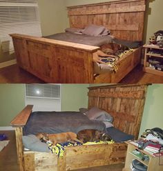 King bed frame with full/queen bed makes for extra room to place your dogs beds beside you... Neat idea ! Built In Dog Bed, Zimmer Diy, Diy Dog Bed, Ideal Toys, Dog Rooms, King Bed Frame, Dog Houses, Diy Dog Stuff, King Size Bed