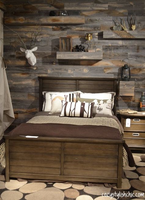 Stikwood seen at the Young America showroom, High Point Boys Hunting Bedroom, Boys Hunting Room, Hunting Themed Bedroom, Rustic Boys Bedrooms, Hunting Decor Bedroom, Hunting Bedroom, Hunter Bedroom, Bedroom Theme, Cabin Bedroom