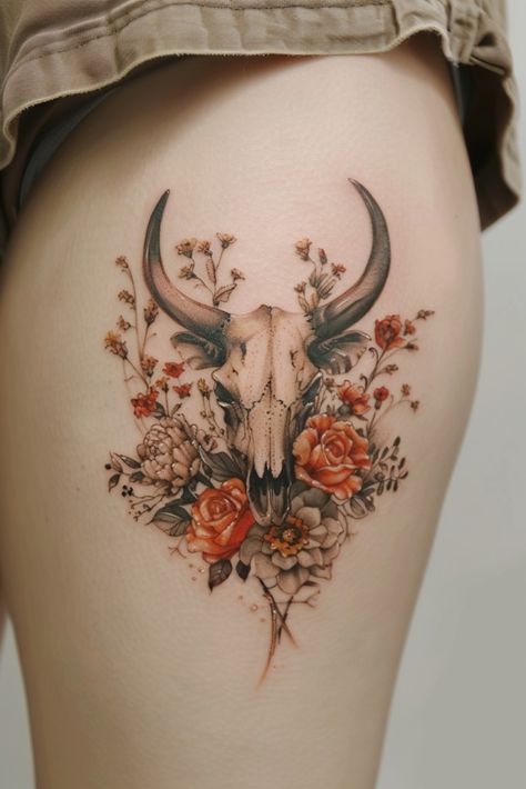 Skull Tattoo Cover Up, Ox Skull Tattoo, Cow Skull With Flowers Tattoo, Tattoo Cow Skull, Floral Skull Tattoos For Women, Cow Tattoos For Women, Cow Skull Tattoo Flowers, Bull Skull Tattoo Design, Bull Skull Tattoo With Flowers