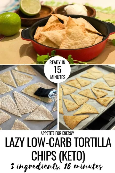 You'll love this brilliant 3 ingredient recipe hack for making crunchy, low-carb tortilla chips. Dip healthy tortilla chips into guacamole, serve with hot, cheesy, beef nachos or top with your favorite cheese. This easy recipe uses store bought keto friendly tortillas both grain-free OR with gluten. #tortillachips #KetoRecipes #LowCarbMexican #ketosnacks Tortilla Chips Dip, Healthy Tortilla Chips, Lazy Low Carb, Dip Healthy, 3 Ingredient Recipe, Healthy Tortilla, Beef Nachos, Chips Dip, Low Carb Mexican