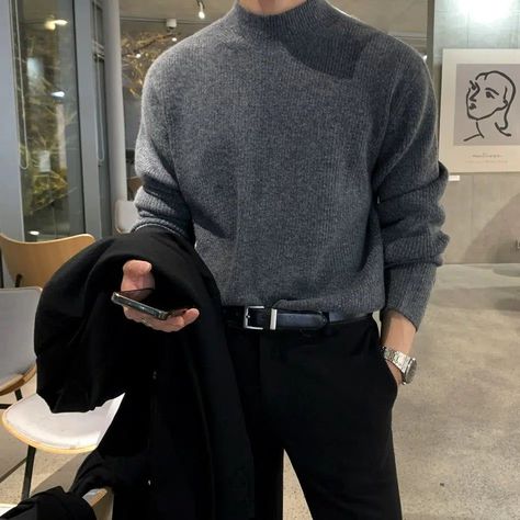 OH Sleek Classic Ribbed Sweater-korean-fashion-Sweater-OH Atelier-OH Garments Men With Turtle Neck Outfit, Masculine Sweater Outfit, Working Men Aesthetic, Tucked In Sweater Outfit Men, High Class Outfits Men, Nerdy Guys Outfits, Fall Outfits Men 2024, Grey Turtleneck Outfit Men, Turtleneck Outfit Men Aesthetic