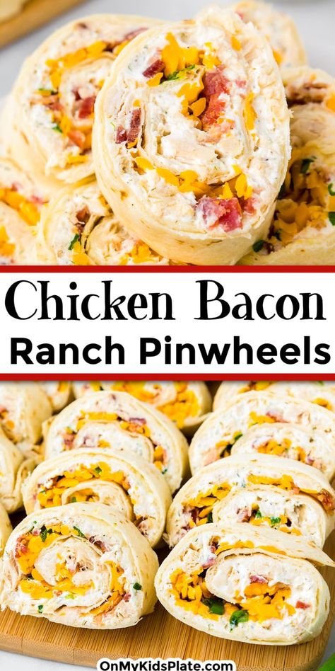 Take your appetizer and snack game up with these easy Chicken Bacon Ranch Pinwheels! These savory rollups feature a combination of tender chicken, crispy bacon, and creamy ranch all wrapped in a fluffy tortilla. Perfect for parties, potlucks, or as a tasty snack, these pinwheels are a crowd-pleasing snack. Chicken Bacon Ranch Pinwheels, Bacon Ranch Pinwheels, Chicken Bacon Cheese, Ranch Pinwheels, Appetizers Cold, Pinwheel Recipes, Easy Wrap, Chicken Bacon Ranch, Bacon Ranch