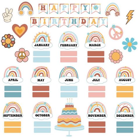 PRICES MAY VARY. 【PACKAGE INCLUDE】67 Pieces boho birthday classroom cutouts. Birthday chart for classroom reusable includes a large cake cutout, 12 rainbow month cutouts, 30 blank label sheets, 10 bohemian decorative cards in different styles and 14 letter cutouts. It also comes with 8 sheets 20 pieces of adhesive dots for pasting. This boho rainbow cutouts for bulletin board has multiple pairings. It can be used in multiple locations such as classrooms, offices, billboards and more! 【BOHO CLASS Birthday Chart For Classroom, Birthday Chart For Preschool, Charts For Classroom Decoration, Classroom Wall Decoration, Boho Cards, Chart For Classroom, Birthday Classroom, Birthday Chart Classroom, Letter Cutouts