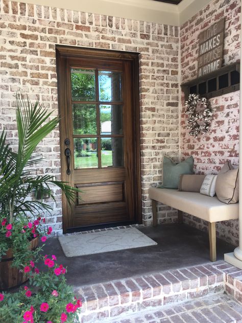 After renovation! Friends Entrance Brick Entrance Front Porches, Brick Porches Ideas Entrance, Porches Ideas Entrance, Friends Entrance, Friends Entry, Entrance Walkway, Outdoor Entryway Decor, Front Entrance Decor, Brick Wall Decor