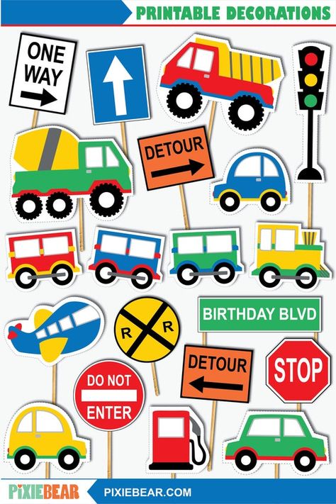 Transportation Cutouts - Printable Transportation Birthday Cutouts, Cake Toppers and Signs for a Transportation Party (Instant Download PDF) Transportation Decorations, Transportation Cake, Birthday Cutouts, Transportation Invitation, Transportation Birthday Party, Car Cake Toppers, Transportation Party, Transportation Birthday, Printable Decorations