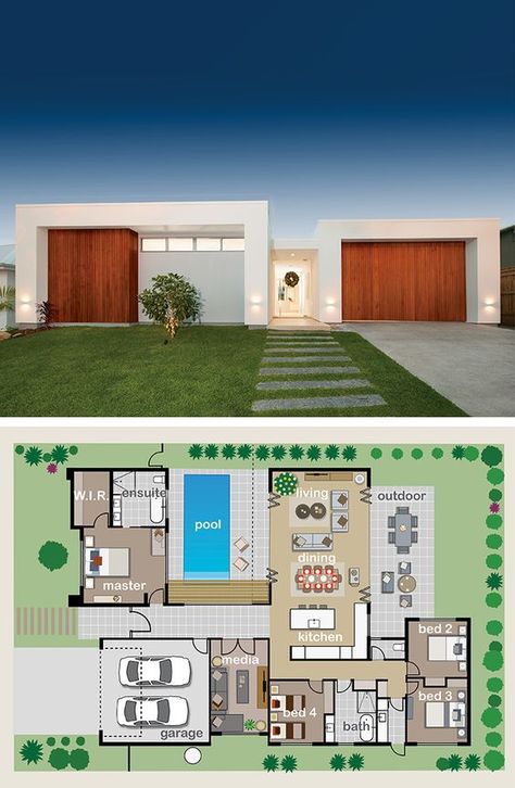 Floor Plan Friday: The pool is the showpiece House Plans With Casita, Katrina Chambers, Modern House Floor Plans, Arsitektur Masjid, Casa Country, Sims House Plans, House Layout Plans, Plans Modern, Courtyard House