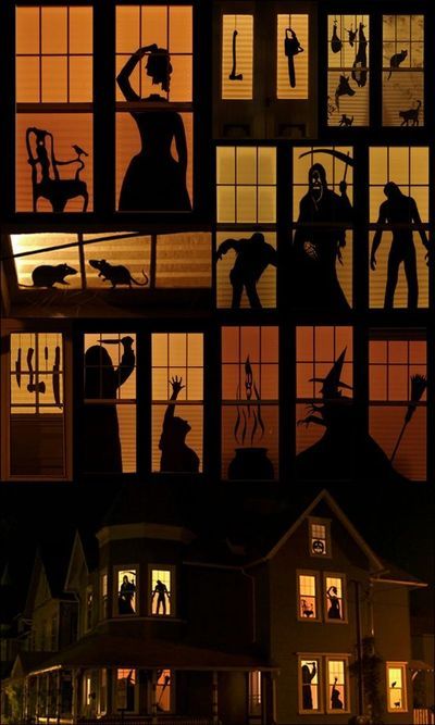 Cardboard Cutout Silhouettes. Halloween Window Silhouettes, Haunted House Diy, Halloween Window Decorations, House Silhouette, Halloween Decor Diy, Halloween Fest, Casa Halloween, Fröhliches Halloween, Adornos Halloween