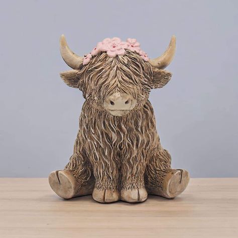 Betty Highland Cow PRE-ORDER – Donna's Gift Emporium Ceramic Animal Ideas, Highland Cow Sculpture, Highland Cow Clay Sculpture, Ceramic Highland Cow, Pottery Ornament Ideas, Animal Ceramics Ideas, Cute Animals Clay, Cow Ceramics, Highland Cow Clay