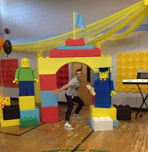 hello, Wonderful - AMAZING CARDBOARD LEGO CREATED BY TEACHER Legos Party Ideas, Lego Classroom Theme, Deco Lego, Maker Fun Factory Vbs, Lego Camp, Maker Fun Factory, Lego Themed Party, Lego Decorations, Ninjago Birthday