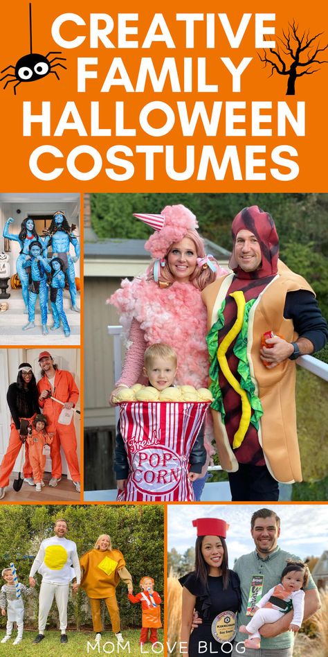 Collage of the most creative and unique family Halloween costumes. Family Of Four Costume Ideas, Easy Halloween Family Costumes, Halloween Costumes With 4 People, Costume Ideas For Family Of Four, Family Group Costume Ideas, Family Of 5 Costumes Halloween, Unique Family Costumes For Four, Unique Family Costume Ideas, Bambi Family Costume