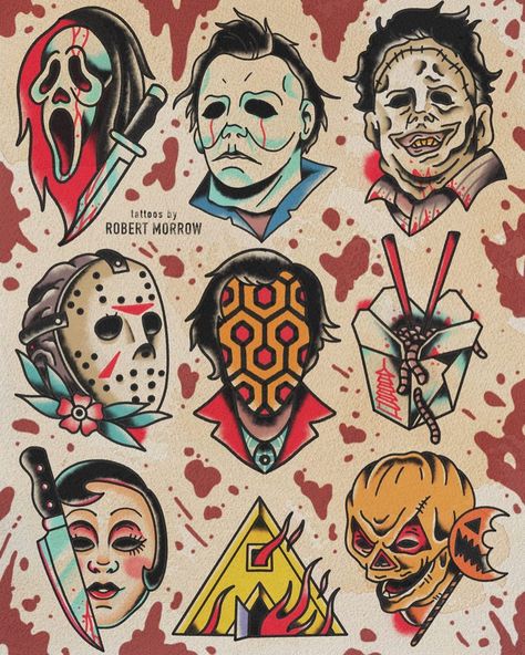 Robert Morrow on Instagram: “So I’ll be running a Halloween Flash Special this Saturday @gallery4twelve . I’d like to tattoo as many of these designs as possible. $150…” Traditional Tattoo Flash Sheet, Halloween Tattoo Flash, Traditional Tattoo Flash Sheets, Tato Flash, Horror Movie Tattoos, Movie Tattoo, Movie Tattoos, Theme Tattoo, Tattoo Flash Sheet