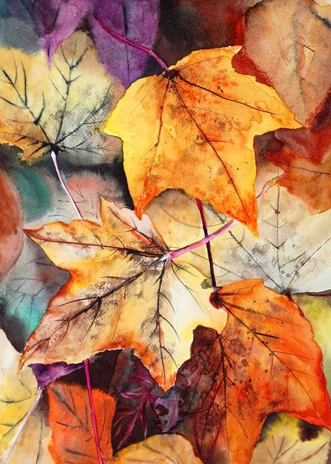 Themes To Draw, Advanced Watercolor, Four Seasons Painting, Leaves In Watercolor, Watercolor Step By Step, Paint Realistic, Watercolor Autumn Leaves, Autumn Leaves Art, Tree Watercolor Painting