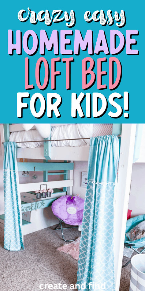 Easy DIY loft bed for kids with free plans. Painted Loft Bed, House Beds For Kids Diy, How To Build A Loft Bed, Queen Loft Bed Diy, Easy Loft Bed Diy, Diy Loft Bed For Kids Small Room, Diy Full Size Loft Bed Plans, Diy Loft Beds For Small Rooms, Low Loft Bed Ideas For Small Rooms