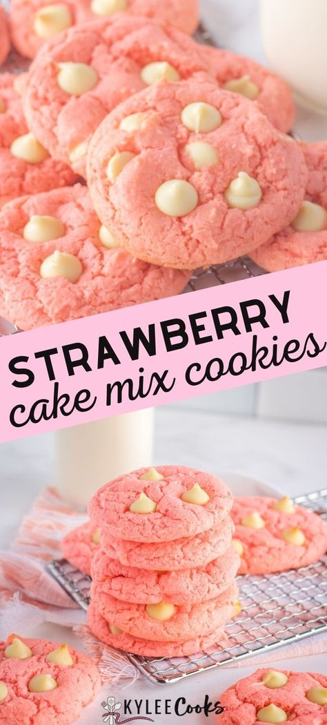 Strawberry Cake Cookies, Strawberry Cake Mix Cookies, Cake Box Cookies, Box Cookies, Baking Treats, Strawberry Cake Mix, Cake Mix Cookie Recipes, Oatmeal Cookies Chewy, Bake Goods