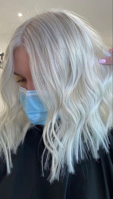 White Blonde Medium Length Hair, Full Icy Blonde Hair, Platinum Gray Blonde Hair, Medium Length Haircut Platinum Blonde, Ice Blonde With Dark Roots, Ice Blonde Hair Short, Full Blonde Highlights Short Hair, Platinum Blonde Medium Length Hair, Bright Platinum Blonde Hair