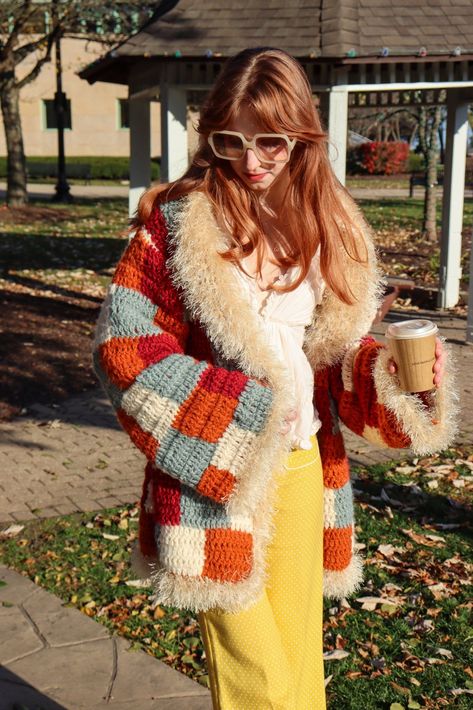 Vintage Inspired Crochet Pattern: The Penny Lane Coat Autum 2024 Outfits, Fall Crochet Inspiration, Crochet Penny Lane Coat, Fall Crochet Outfits, Maximalist Fall Outfits, Autumn Outfits Colorful, Fall Crochet Cardigan, Fall Colorful Outfits, Fall Rave Outfits