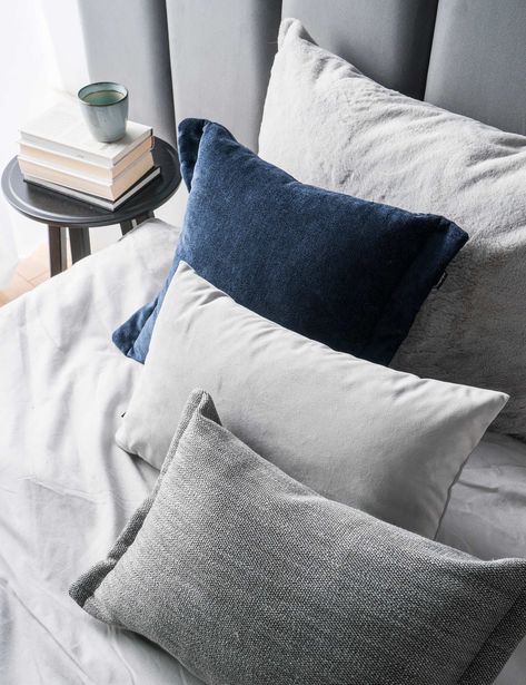 Dark blue and gray, a very elegant set of Pepper and Fitto cushions combines classic colors with an original shape. Decoratively sewn sides add lightness, and soft fabrics invite you to relax and rest. The set consists of pillows: Pepper navy blue decorative pillow 50x40 Velvet gray decorative pillow 50x30 Fitto decorative pillow gray 50x30 Material: upholstery fabric, Size: 50x40cm, 50x30 cm * The dimensions given are for the pillowcase (without the inserts). Dimension may vary by +/- 5% Insert Grey Bed Pillows Color Schemes, Light Blue Throw Pillows Living Room, Grey Pillows Bedroom, Grey Couch Navy Pillows, Blue Pillow Combinations, Gray Blue Aesthetic, Blue Gray Aesthetic, Blue Grey Aesthetic, Blue Bed Pillows