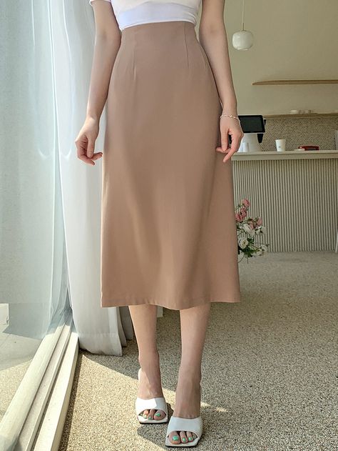 Khaki Casual Collar  Polyester Plain Straight Embellished Slight Stretch  Women Bottoms Straight Skirt Outfits, Khaki Skirt Outfits, Long Khaki Skirt, Muslim Outfits Casual, Khaki Skirt, Women Bottoms, Muslim Outfits, Beautiful Prom Dresses, Women Skirts