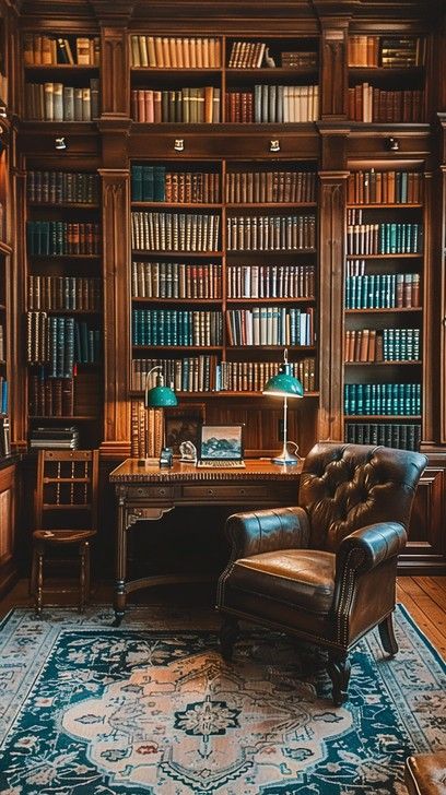 An inviting classic study room with a leather armchair, wooden desk, and shelves full of books. Classic Study Room, Vintage Study Room, Luxurious Library, Farmhouse Library, Elegant Library, Dark Wood Shelves, Desk And Shelves, Comfortable Reading Nook, Wedding Nightgown