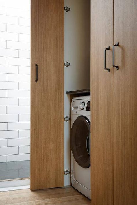 60 Clever Ways To Hide A Washing Machine & Dryer In Your Home Closet With Washer And Dryer, Freedom Kitchens, Washer Dryer Closet, Hidden Laundry Rooms, European Laundry, Modern Closet Doors, Laundry Cupboard, Rustic Closet, Laundry Doors